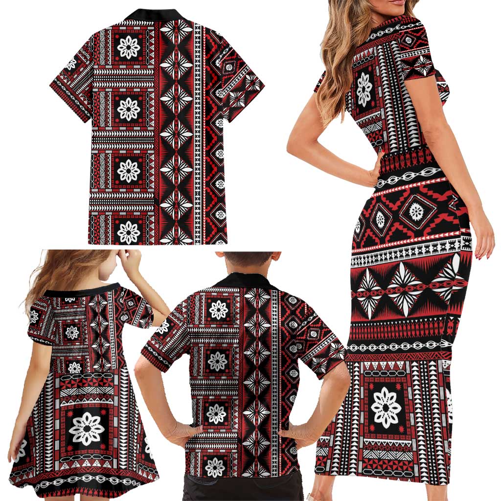 Fiji Masi Tapa Pattern Red Family Matching Short Sleeve Bodycon Dress and Hawaiian Shirt LT01 - Polynesian Pride