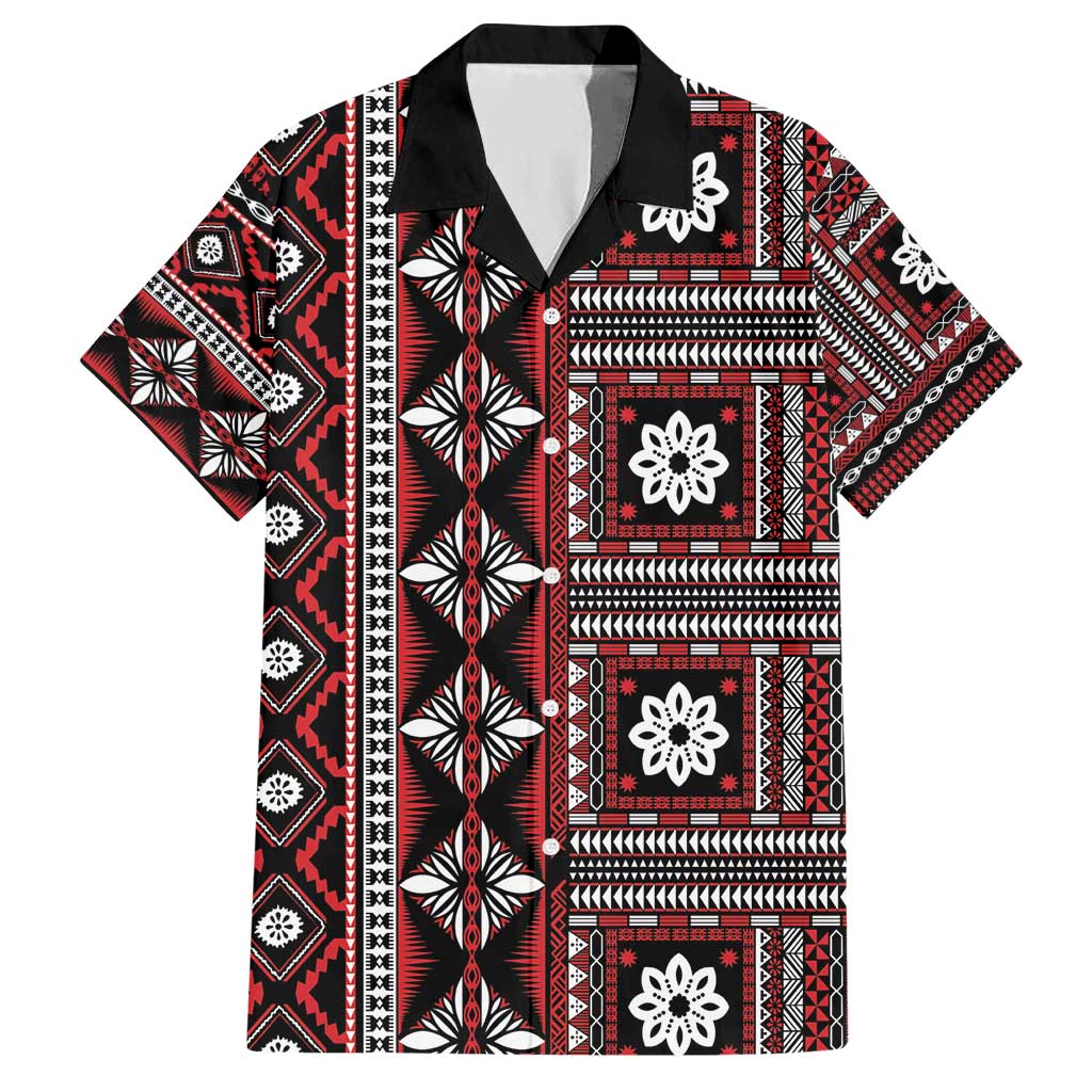 Fiji Masi Tapa Pattern Red Family Matching Short Sleeve Bodycon Dress and Hawaiian Shirt LT01 Dad's Shirt - Short Sleeve Red - Polynesian Pride