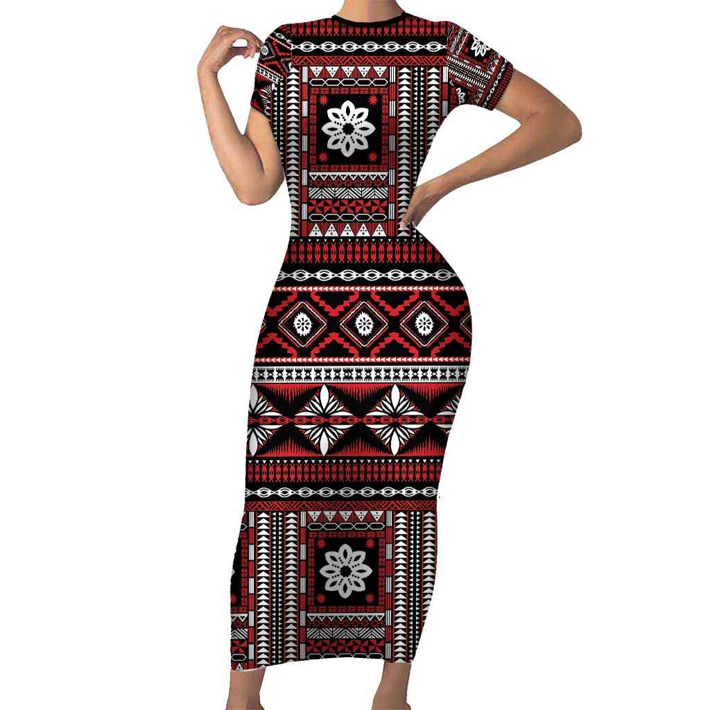Fiji Masi Tapa Pattern Red Family Matching Short Sleeve Bodycon Dress and Hawaiian Shirt LT01 Mom's Dress Red - Polynesian Pride