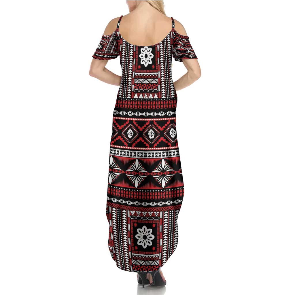 Fiji Masi Tapa Pattern Red Family Matching Summer Maxi Dress and Hawaiian Shirt - Polynesian Pride
