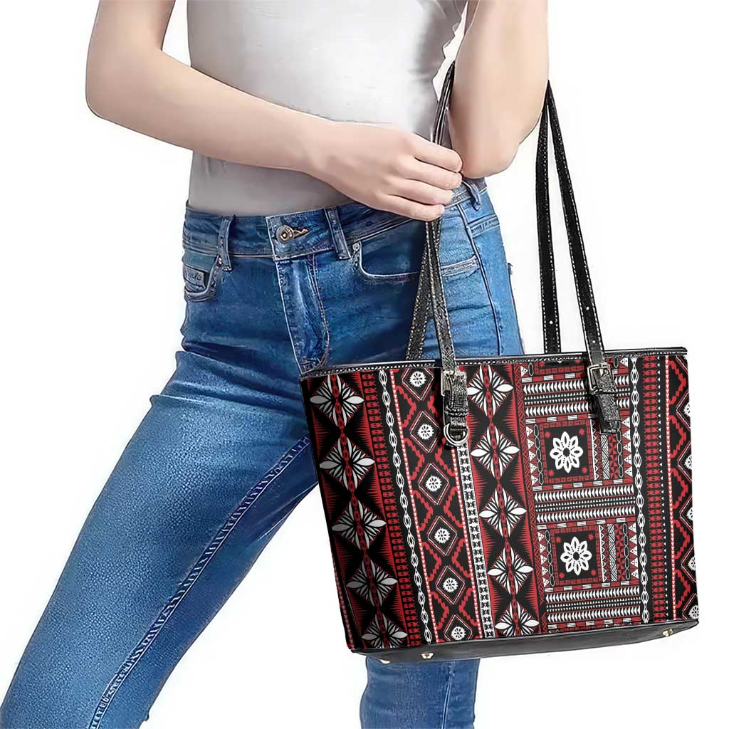 Fiji Masi Tapa Pattern Red Leather Tote Bag - Polynesian Pride
