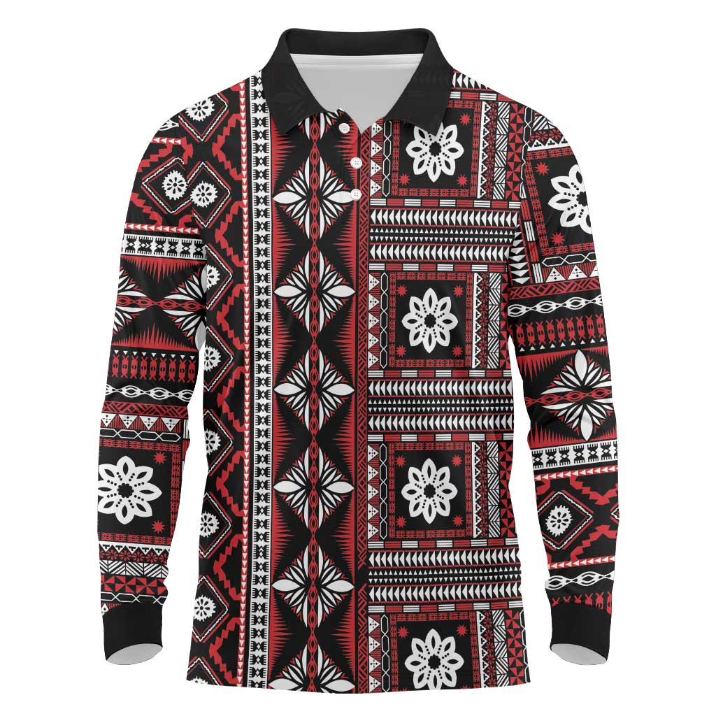 Fiji Masi Tapa Pattern Red Long Sleeve Polo Shirt - Polynesian Pride