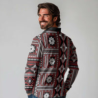 Fiji Masi Tapa Pattern Red Long Sleeve Polo Shirt - Polynesian Pride