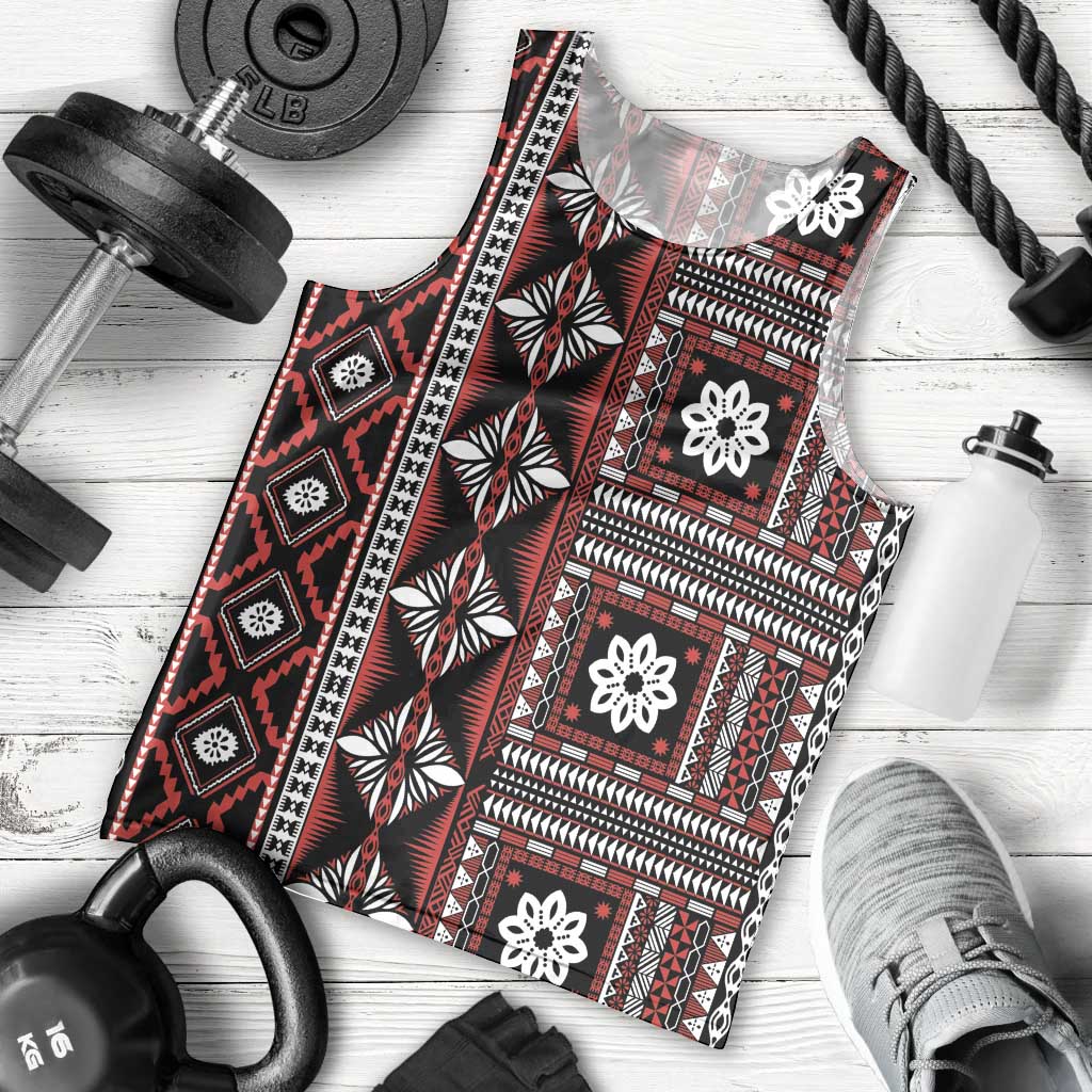 Fiji Masi Tapa Pattern Red Men Tank Top - Polynesian Pride