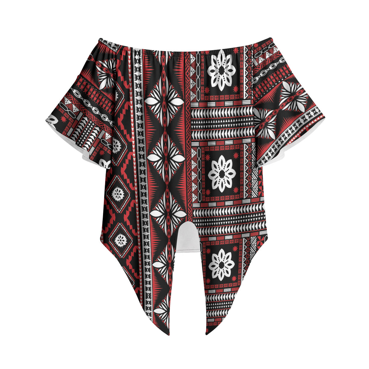 Fiji Masi Tapa Pattern Red Off Shoulder Wrap Waist Top LT01 Red - Polynesian Pride