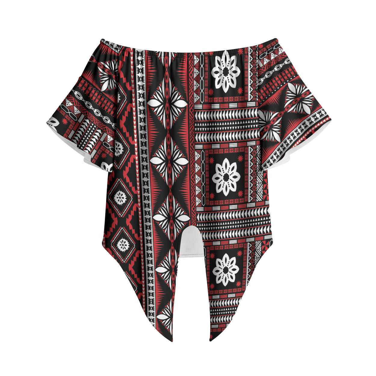 Fiji Masi Tapa Pattern Red Off Shoulder Wrap Waist Top LT01 Red - Polynesian Pride
