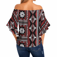 Fiji Masi Tapa Pattern Red Off Shoulder Wrap Waist Top LT01 - Polynesian Pride