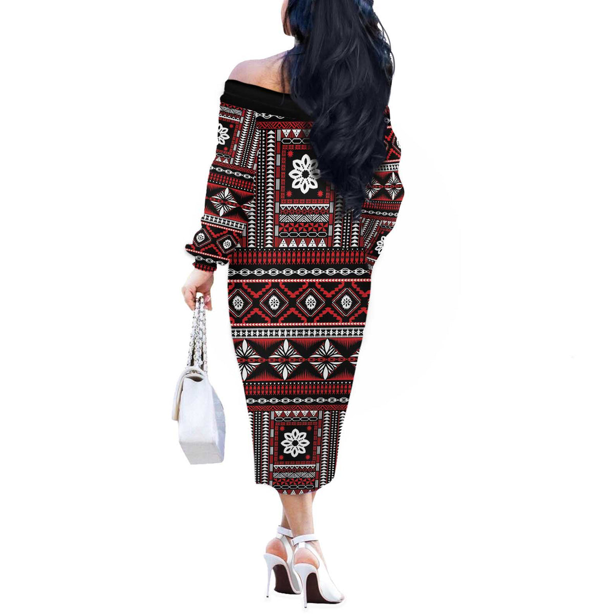 Fiji Masi Tapa Pattern Red Off The Shoulder Long Sleeve Dress - Polynesian Pride