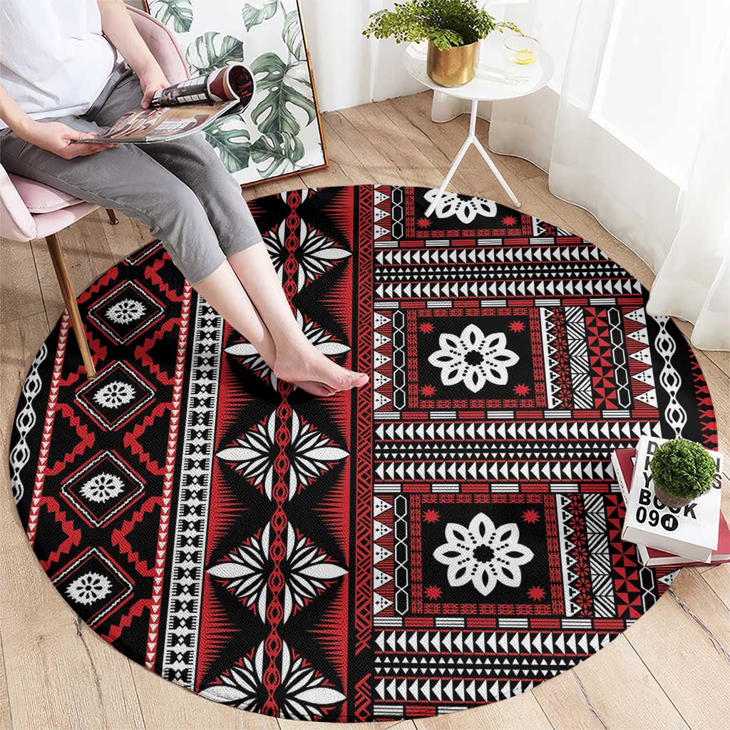 Fiji Masi Tapa Pattern Red Round Carpet - Polynesian Pride