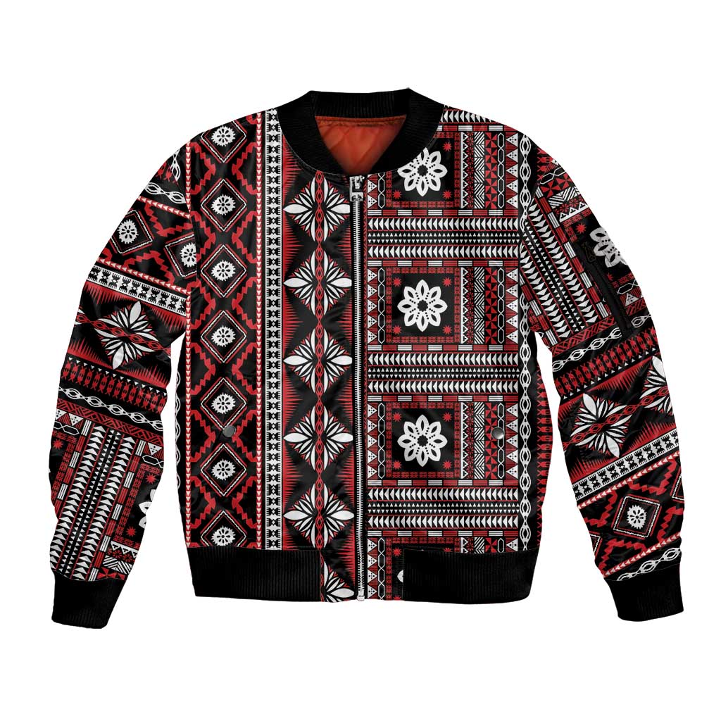 Fiji Masi Tapa Pattern Red Sleeve Zip Bomber Jacket LT01 Unisex Red - Polynesian Pride
