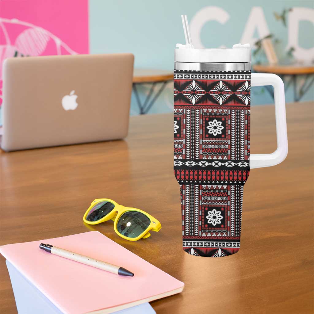 Fiji Masi Tapa Pattern Red Tumbler With Handle - Polynesian Pride