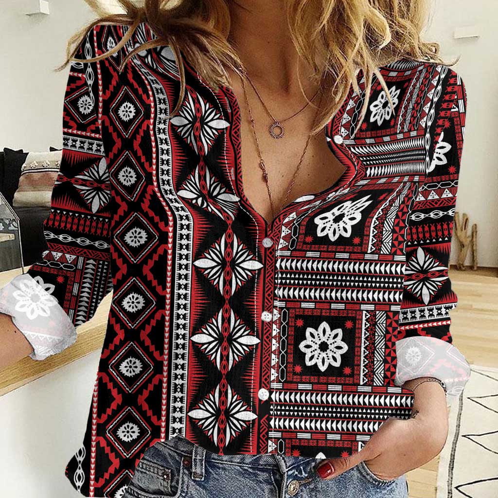 Fiji Masi Tapa Pattern Red Women Casual Shirt - Polynesian Pride