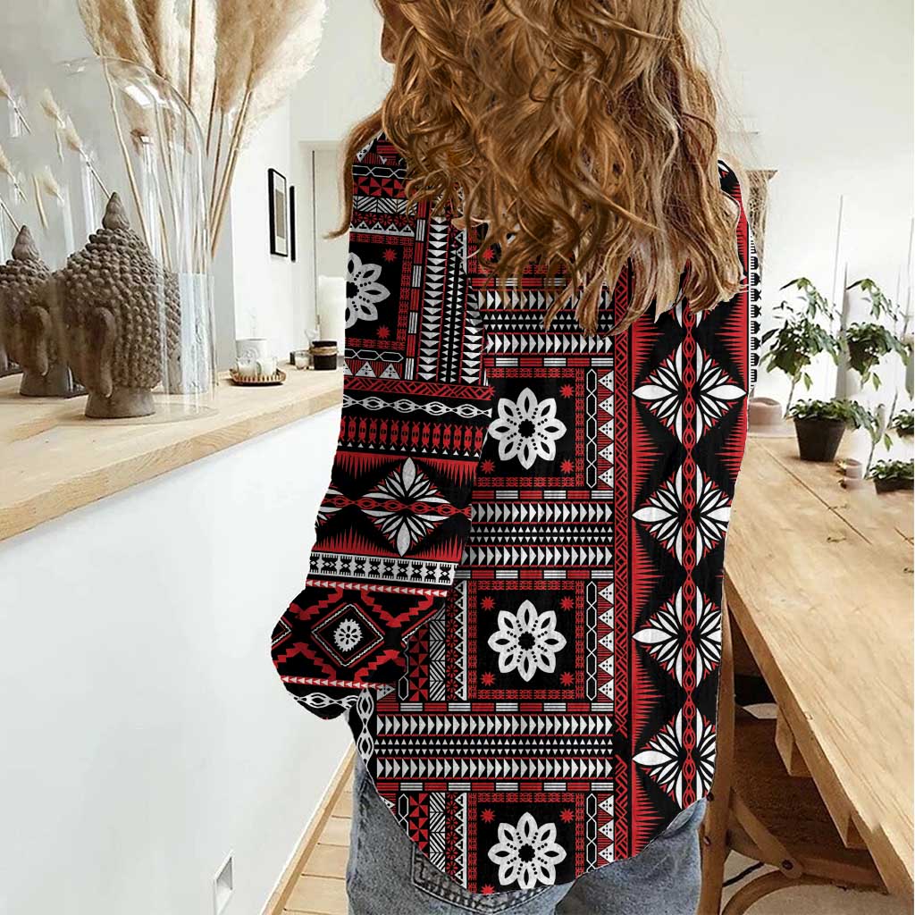 Fiji Masi Tapa Pattern Red Women Casual Shirt - Polynesian Pride