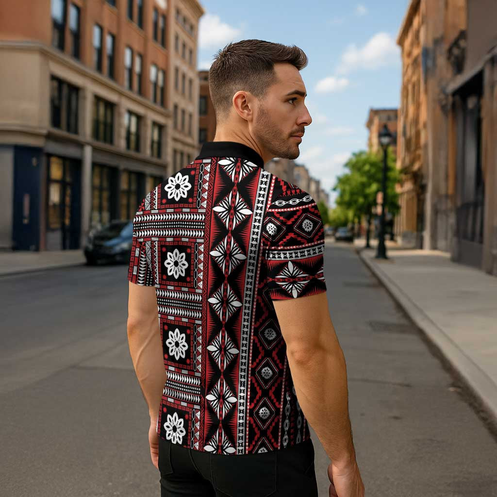 Fiji Masi Tapa Pattern Red Zipper Polo Shirt - Polynesian Pride