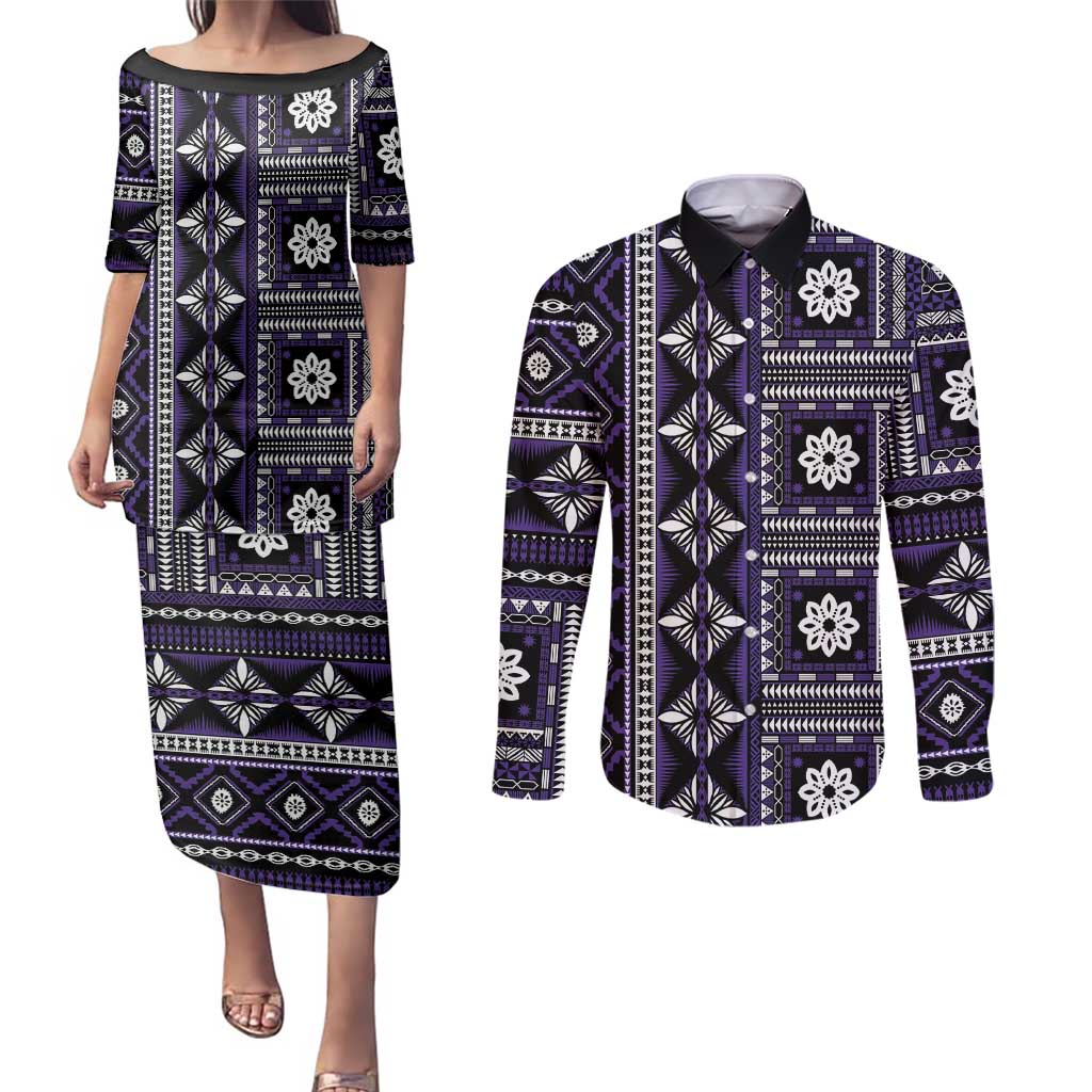 Fiji Masi Tapa Pattern Purple Couples Matching Puletasi and Long Sleeve Button Shirt LT01 Purple - Polynesian Pride