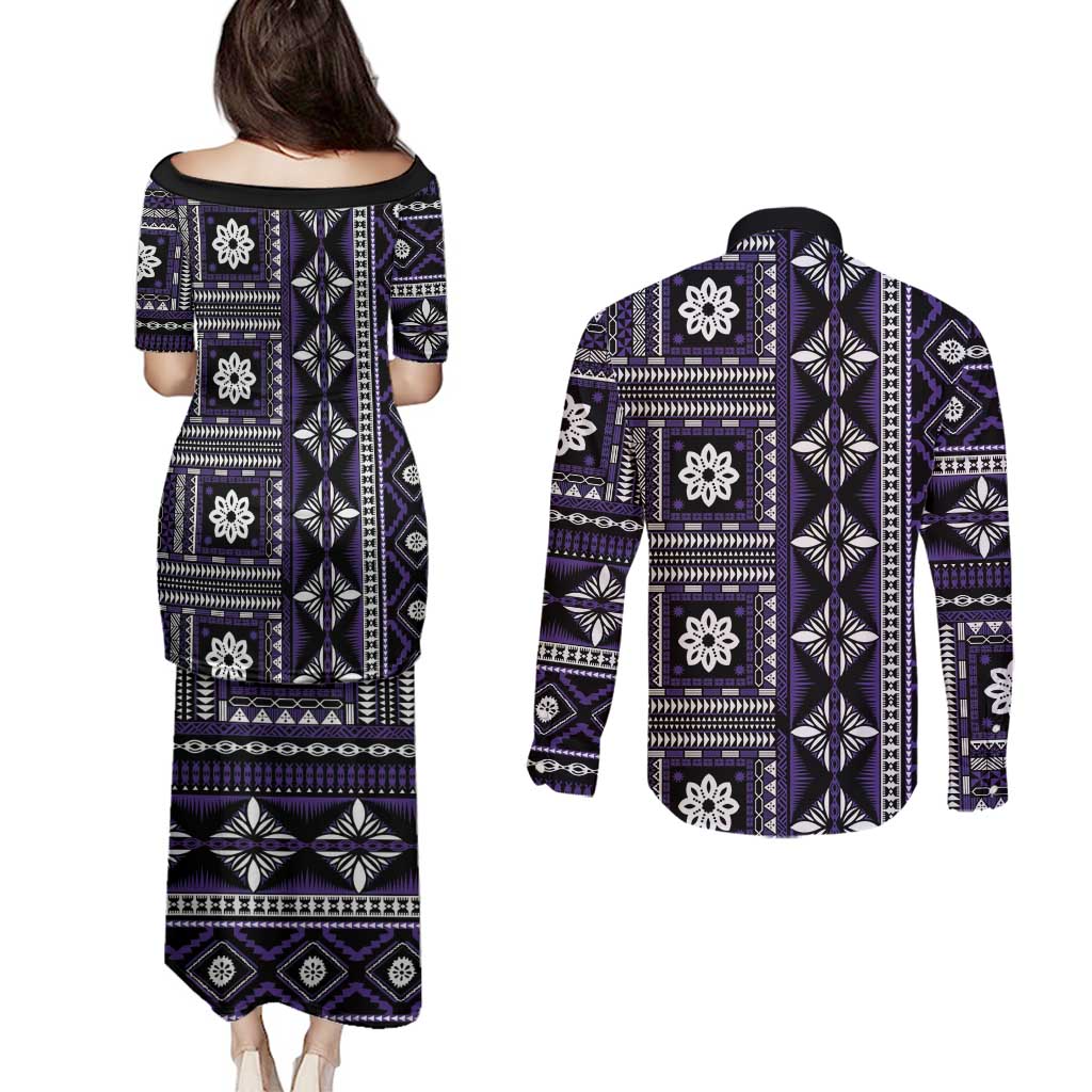 Fiji Masi Tapa Pattern Purple Couples Matching Puletasi and Long Sleeve Button Shirt - Polynesian Pride
