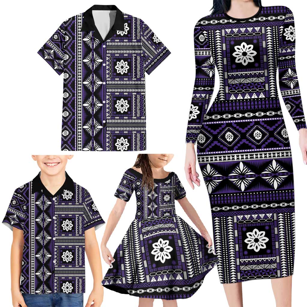 Fiji Masi Tapa Pattern Purple Family Matching Long Sleeve Bodycon Dress and Hawaiian Shirt LT01 - Polynesian Pride