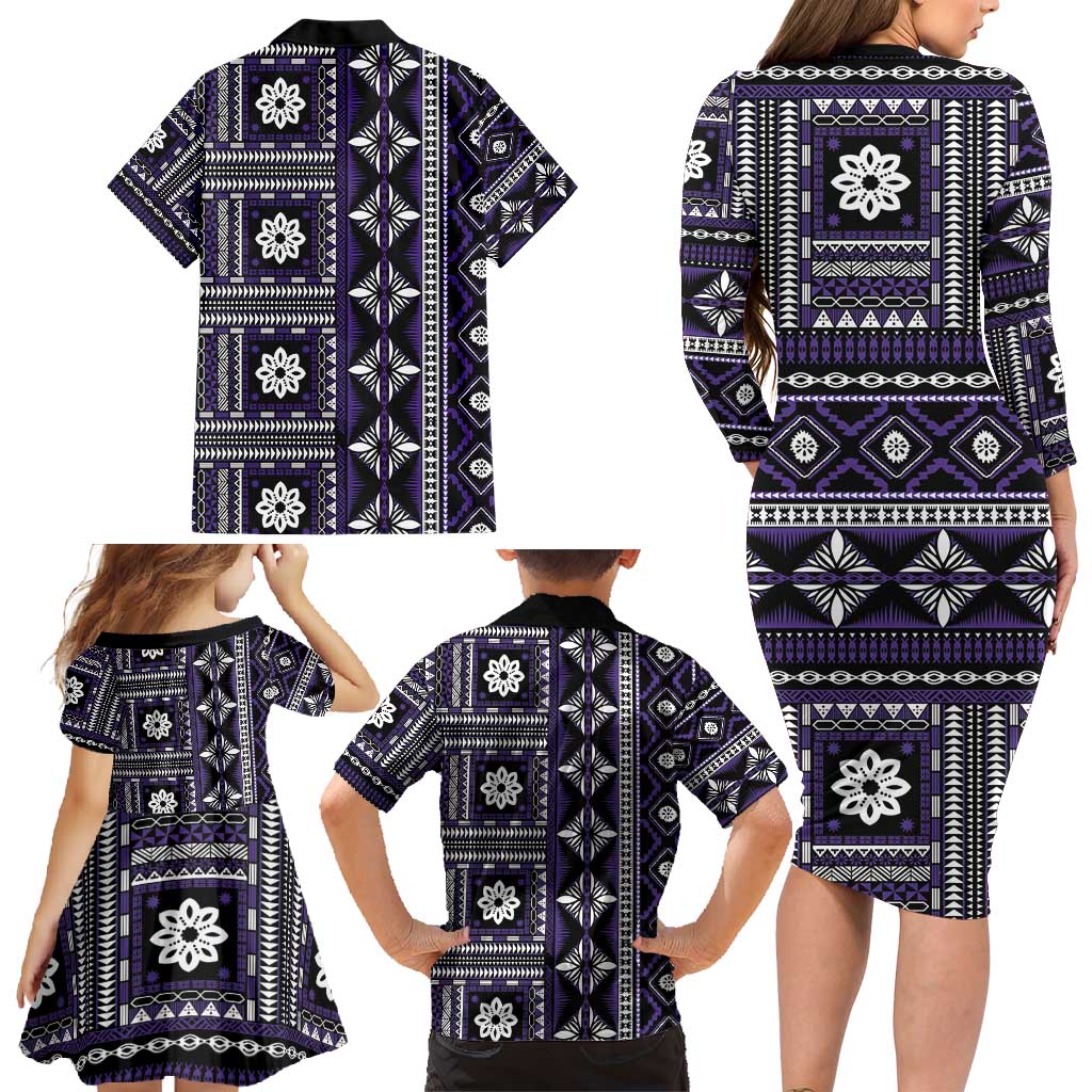 Fiji Masi Tapa Pattern Purple Family Matching Long Sleeve Bodycon Dress and Hawaiian Shirt LT01 - Polynesian Pride