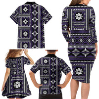 Fiji Masi Tapa Pattern Purple Family Matching Long Sleeve Bodycon Dress and Hawaiian Shirt LT01 - Polynesian Pride