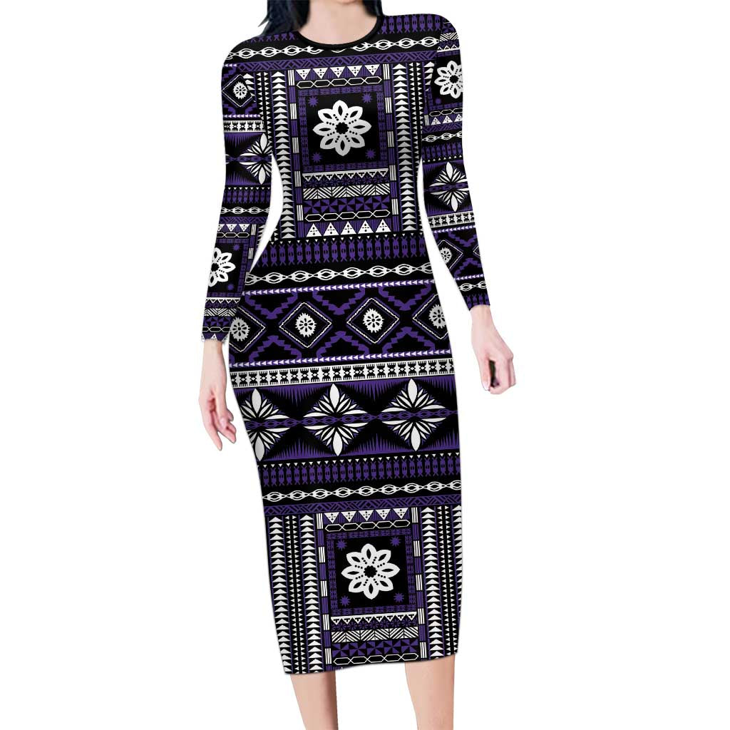 Fiji Masi Tapa Pattern Purple Family Matching Long Sleeve Bodycon Dress and Hawaiian Shirt LT01 Mom's Dress Purple - Polynesian Pride