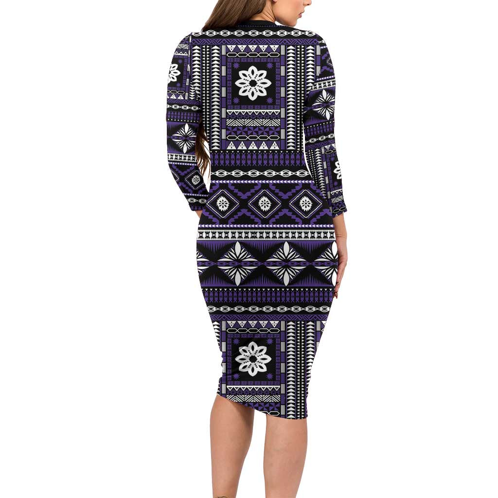 Fiji Masi Tapa Pattern Purple Family Matching Long Sleeve Bodycon Dress and Hawaiian Shirt LT01 - Polynesian Pride