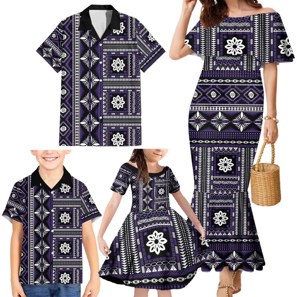 Fiji Masi Tapa Pattern Purple Family Matching Mermaid Dress and Hawaiian Shirt LT01 - Polynesian Pride