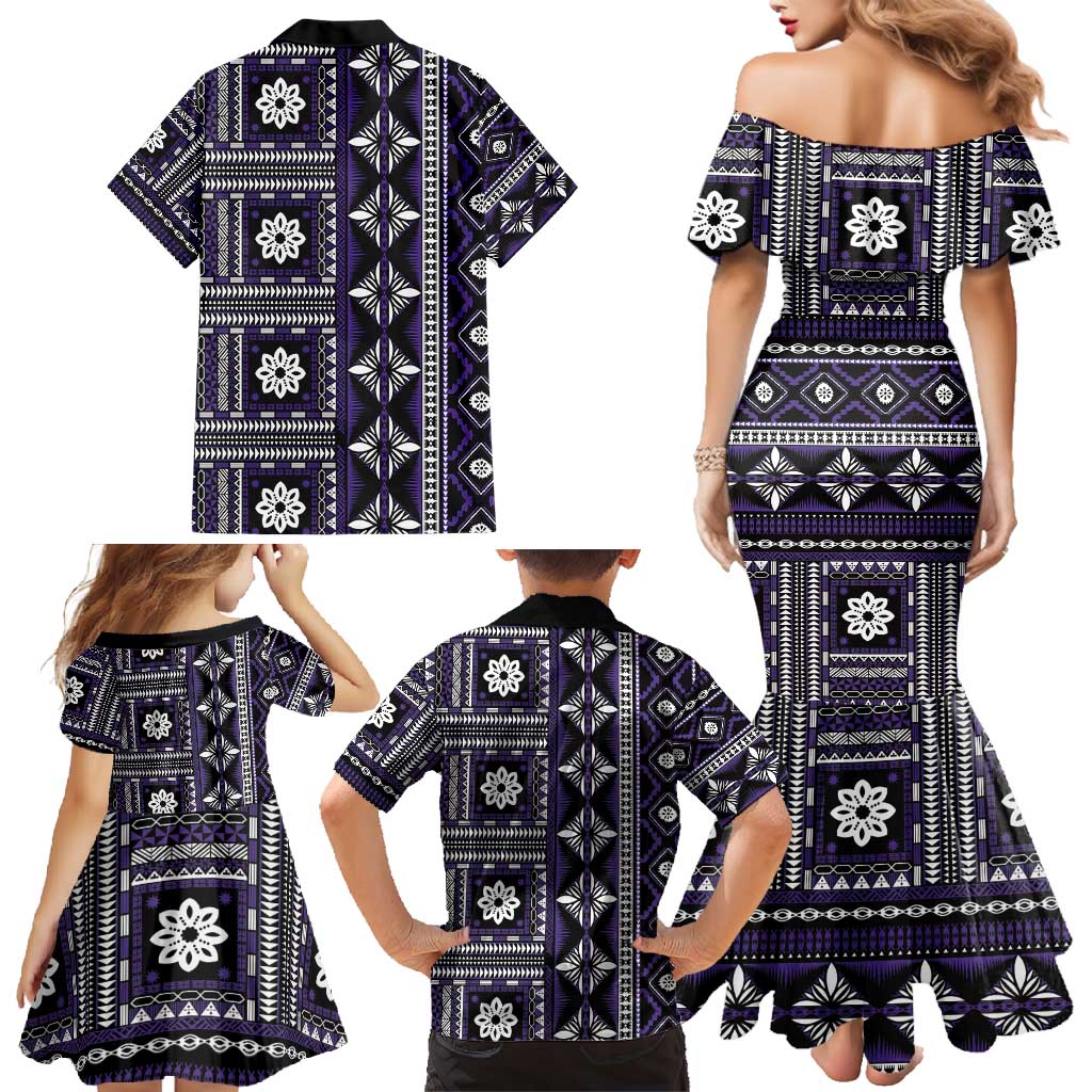 Fiji Masi Tapa Pattern Purple Family Matching Mermaid Dress and Hawaiian Shirt LT01 - Polynesian Pride
