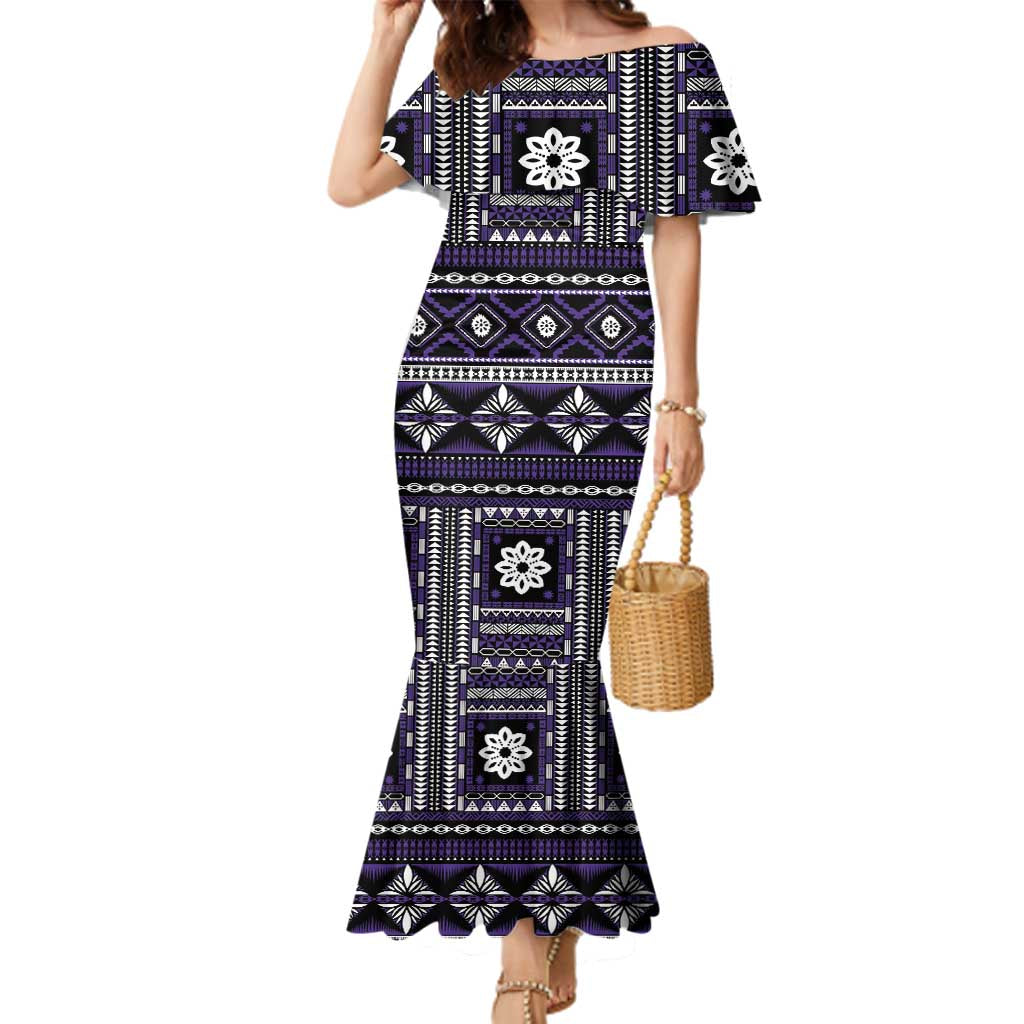 Fiji Masi Tapa Pattern Purple Family Matching Mermaid Dress and Hawaiian Shirt LT01 Mom's Dress Purple - Polynesian Pride
