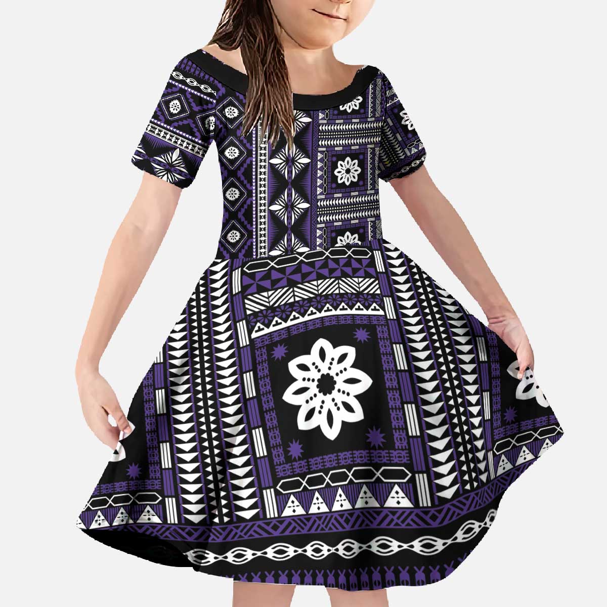 Fiji Masi Tapa Pattern Purple Family Matching Off The Shoulder Long Sleeve Dress and Hawaiian Shirt LT01 Daughter's Dress Purple - Polynesian Pride