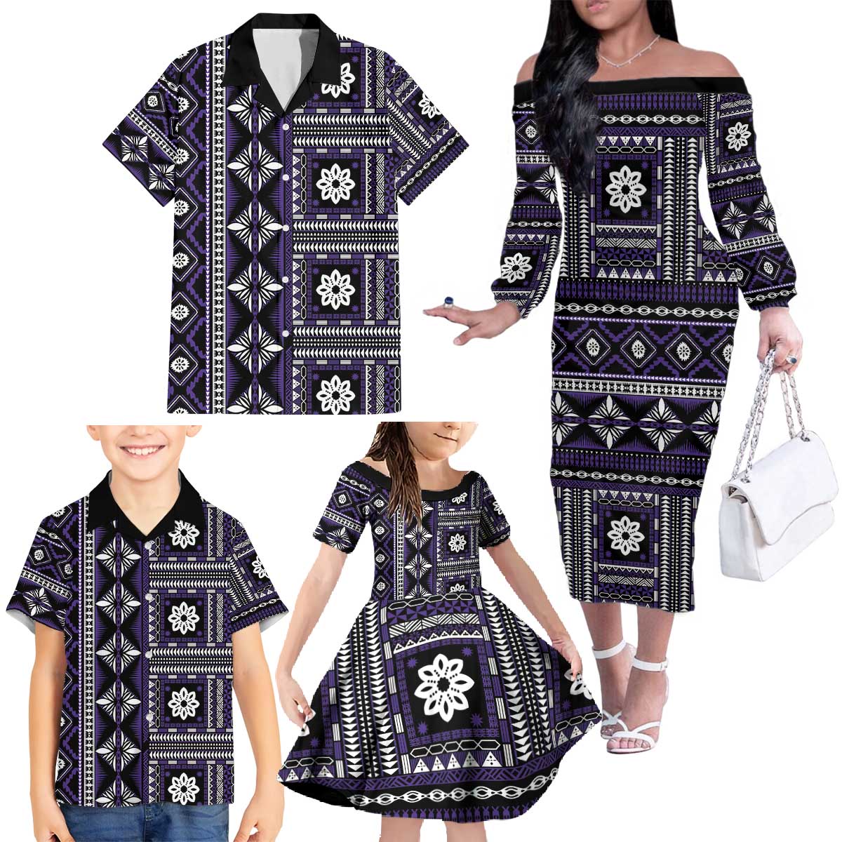 Fiji Masi Tapa Pattern Purple Family Matching Off The Shoulder Long Sleeve Dress and Hawaiian Shirt LT01 - Polynesian Pride