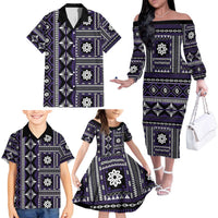 Fiji Masi Tapa Pattern Purple Family Matching Off The Shoulder Long Sleeve Dress and Hawaiian Shirt LT01 - Polynesian Pride