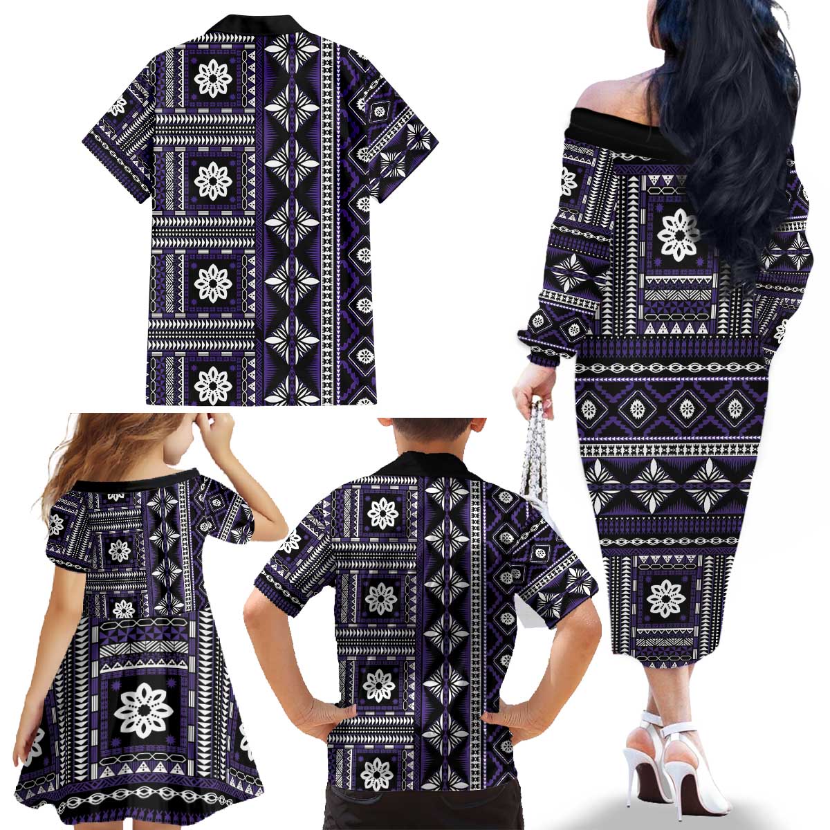 Fiji Masi Tapa Pattern Purple Family Matching Off The Shoulder Long Sleeve Dress and Hawaiian Shirt LT01 - Polynesian Pride