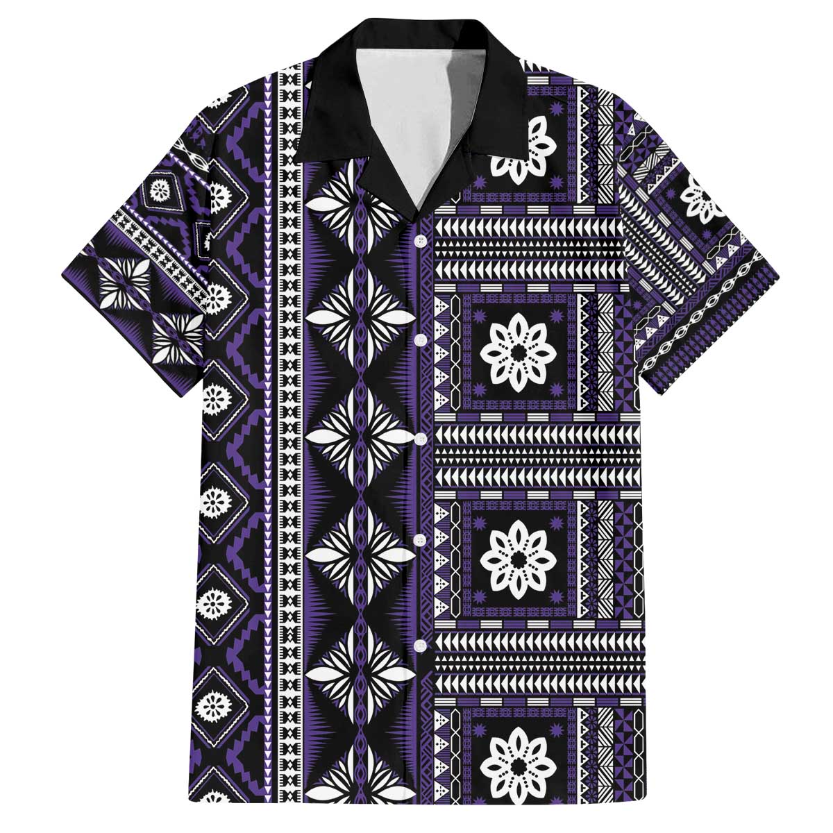 Fiji Masi Tapa Pattern Purple Family Matching Off The Shoulder Long Sleeve Dress and Hawaiian Shirt LT01 Dad's Shirt - Short Sleeve Purple - Polynesian Pride