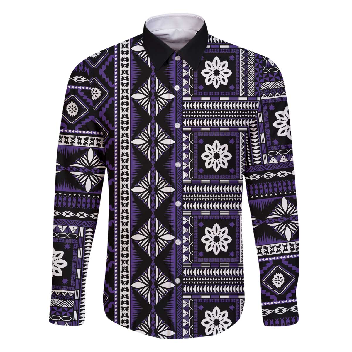 Fiji Masi Tapa Pattern Purple Family Matching Off The Shoulder Long Sleeve Dress and Hawaiian Shirt LT01 Dad's Shirt - Long Sleeve Purple - Polynesian Pride