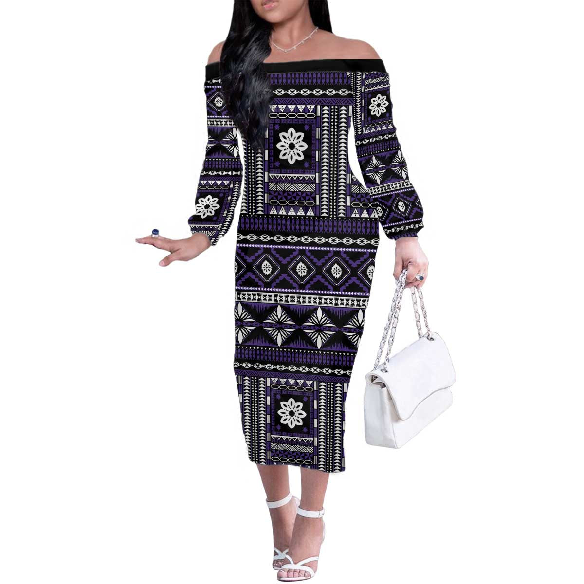 Fiji Masi Tapa Pattern Purple Family Matching Off The Shoulder Long Sleeve Dress and Hawaiian Shirt LT01 Mom's Dress Purple - Polynesian Pride