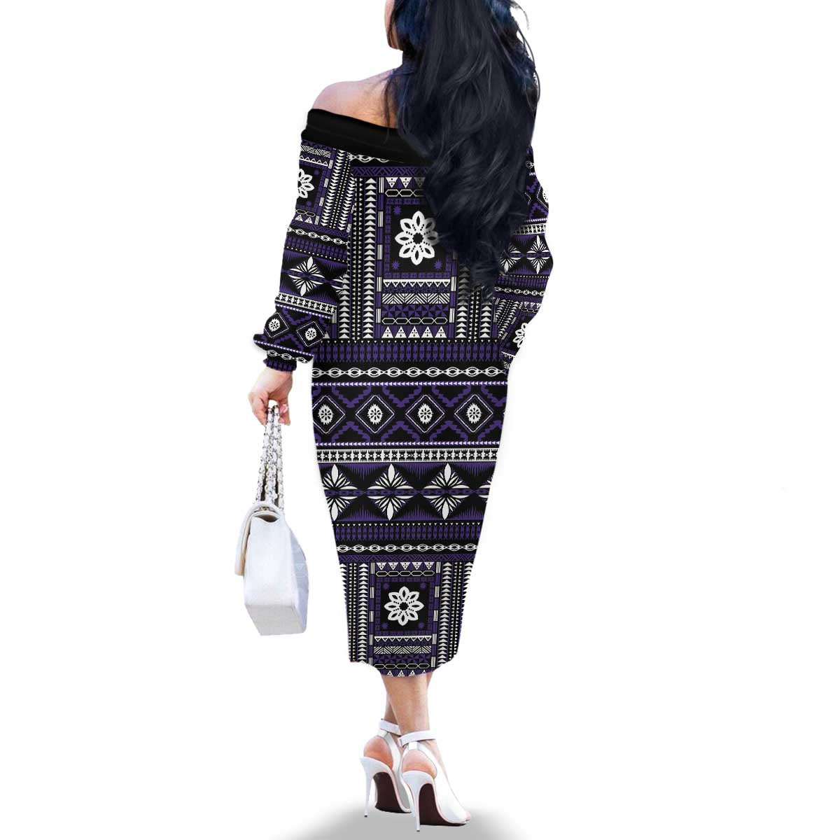 Fiji Masi Tapa Pattern Purple Family Matching Off The Shoulder Long Sleeve Dress and Hawaiian Shirt LT01 - Polynesian Pride