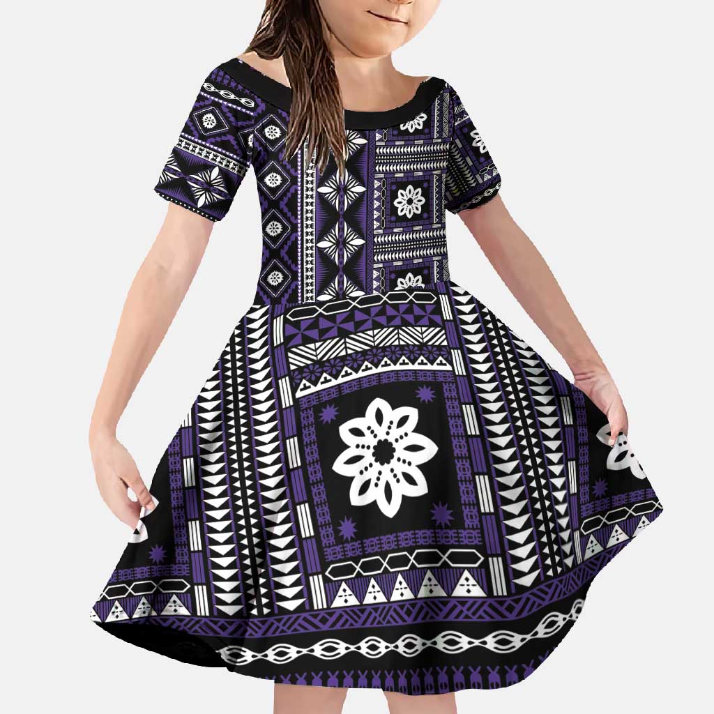 Fiji Masi Tapa Pattern Purple Family Matching Off Shoulder Maxi Dress and Hawaiian Shirt LT01 Daughter's Dress Purple - Polynesian Pride