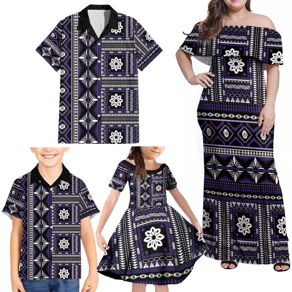 Fiji Masi Tapa Pattern Purple Family Matching Off Shoulder Maxi Dress and Hawaiian Shirt LT01 - Polynesian Pride