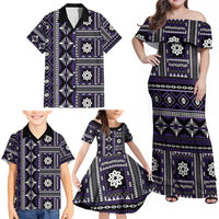 Fiji Masi Tapa Pattern Purple Family Matching Off Shoulder Maxi Dress and Hawaiian Shirt LT01 - Polynesian Pride