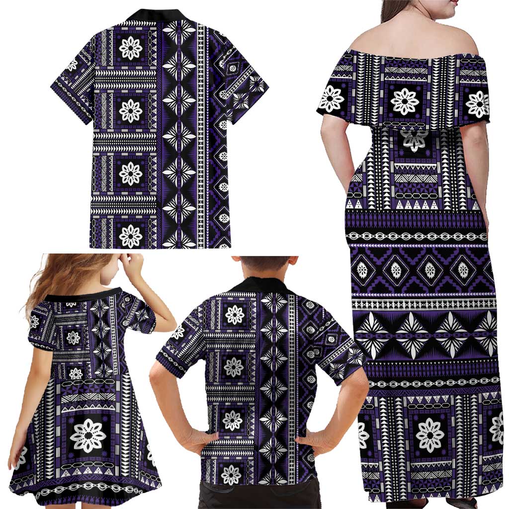 Fiji Masi Tapa Pattern Purple Family Matching Off Shoulder Maxi Dress and Hawaiian Shirt LT01 - Polynesian Pride