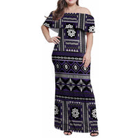 Fiji Masi Tapa Pattern Purple Family Matching Off Shoulder Maxi Dress and Hawaiian Shirt LT01 Mom's Dress Purple - Polynesian Pride