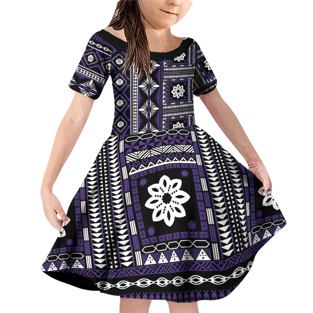 Fiji Masi Tapa Pattern Purple Family Matching Off Shoulder Short Dress and Hawaiian Shirt LT01 Daughter's Dress Purple - Polynesian Pride