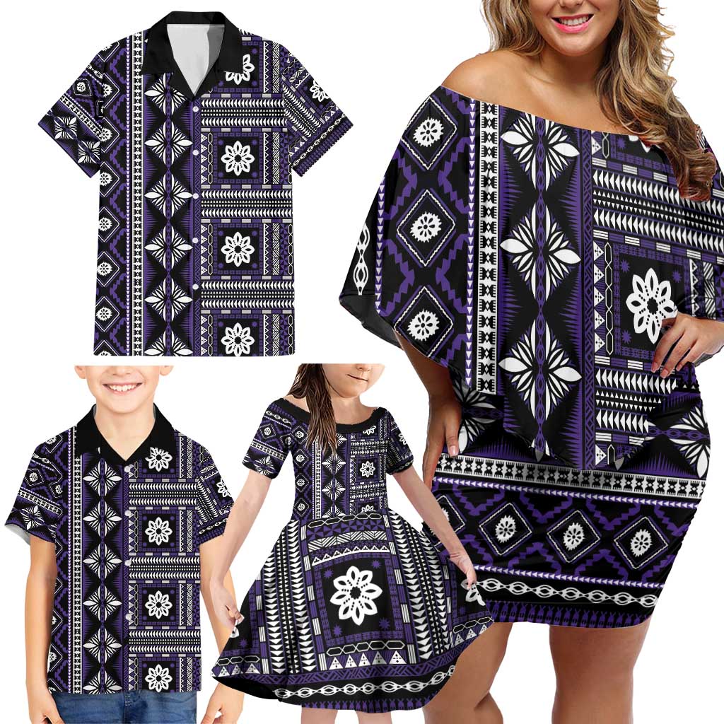 Fiji Masi Tapa Pattern Purple Family Matching Off Shoulder Short Dress and Hawaiian Shirt LT01 - Polynesian Pride