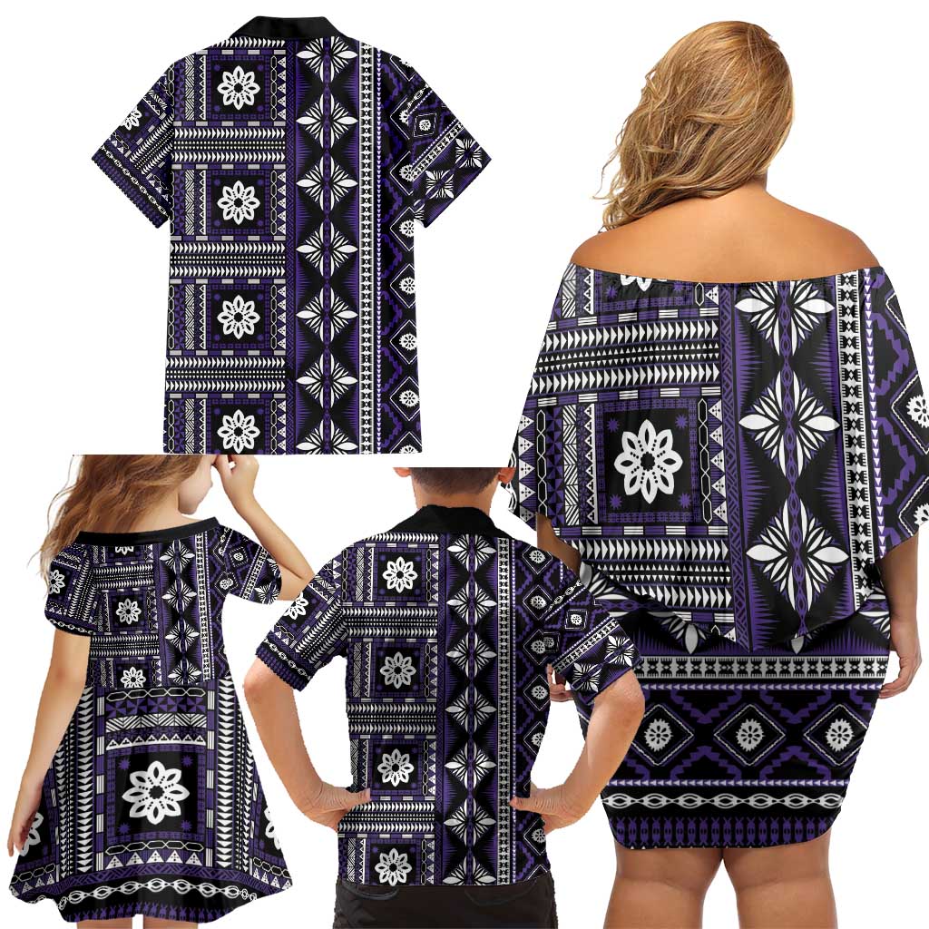 Fiji Masi Tapa Pattern Purple Family Matching Off Shoulder Short Dress and Hawaiian Shirt LT01 - Polynesian Pride