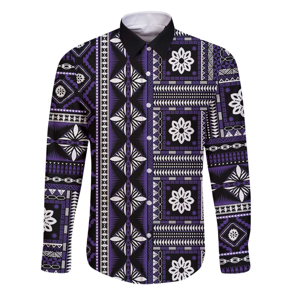 Fiji Masi Tapa Pattern Purple Family Matching Off Shoulder Short Dress and Hawaiian Shirt LT01 Dad's Shirt - Long Sleeve Purple - Polynesian Pride