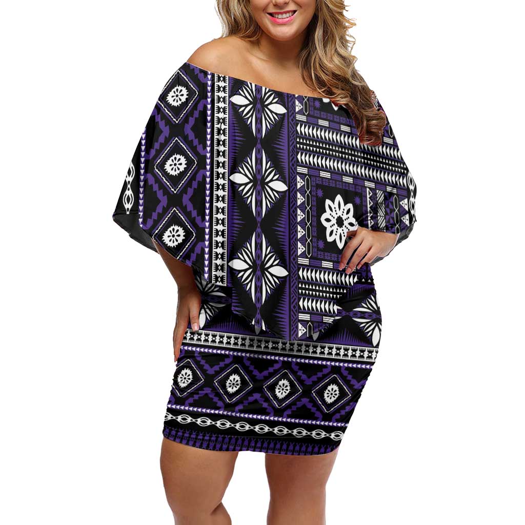 Fiji Masi Tapa Pattern Purple Family Matching Off Shoulder Short Dress and Hawaiian Shirt LT01 Mom's Dress Purple - Polynesian Pride