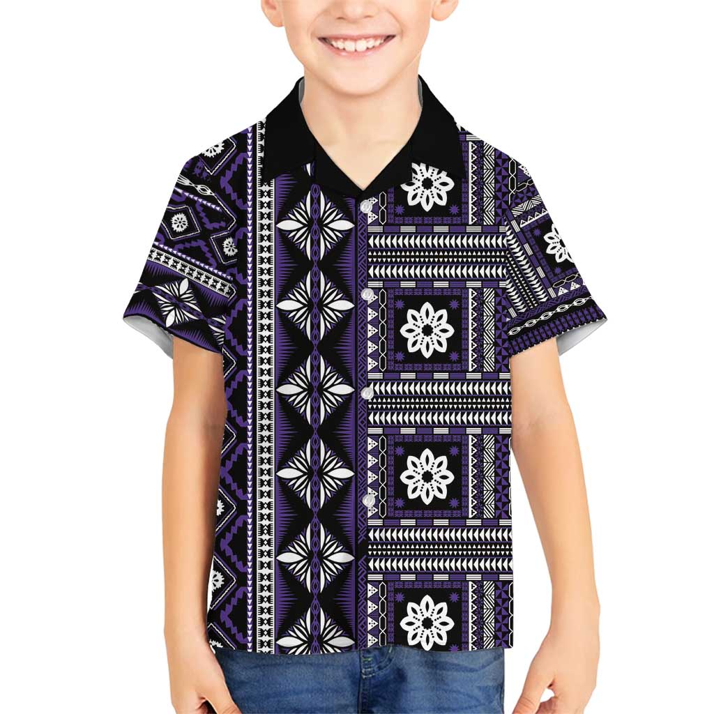 Fiji Masi Tapa Pattern Purple Family Matching Off Shoulder Short Dress and Hawaiian Shirt LT01 Son's Shirt Purple - Polynesian Pride