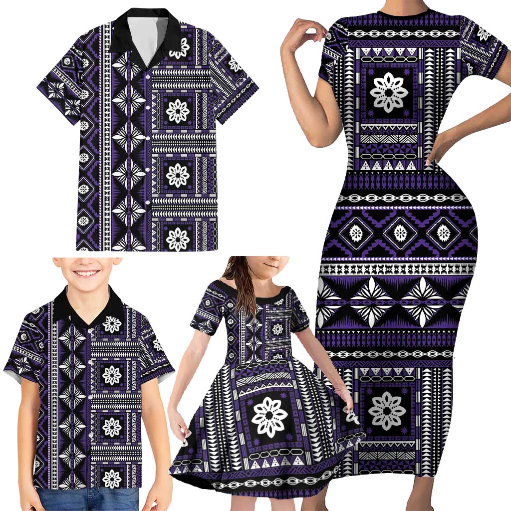 Fiji Masi Tapa Pattern Purple Family Matching Short Sleeve Bodycon Dress and Hawaiian Shirt LT01 - Polynesian Pride