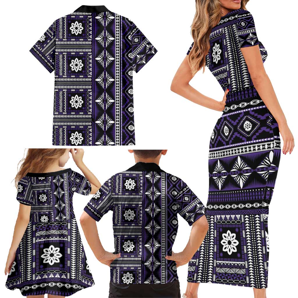 Fiji Masi Tapa Pattern Purple Family Matching Short Sleeve Bodycon Dress and Hawaiian Shirt LT01 - Polynesian Pride