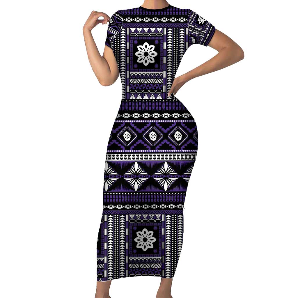 Fiji Masi Tapa Pattern Purple Family Matching Short Sleeve Bodycon Dress and Hawaiian Shirt LT01 Mom's Dress Purple - Polynesian Pride